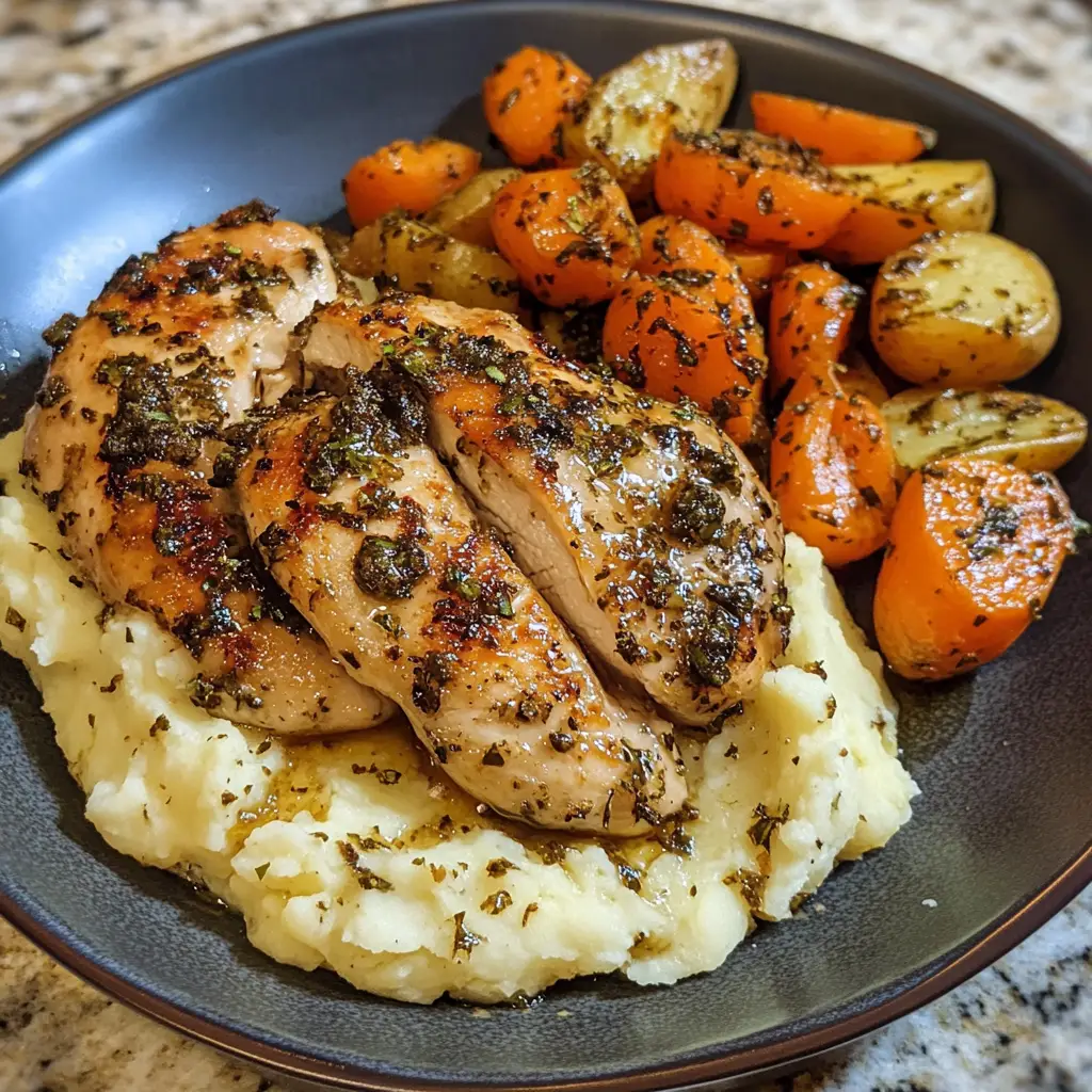 Garlic Herb Chicken With Mashed Potatoes And Glazed Carrots