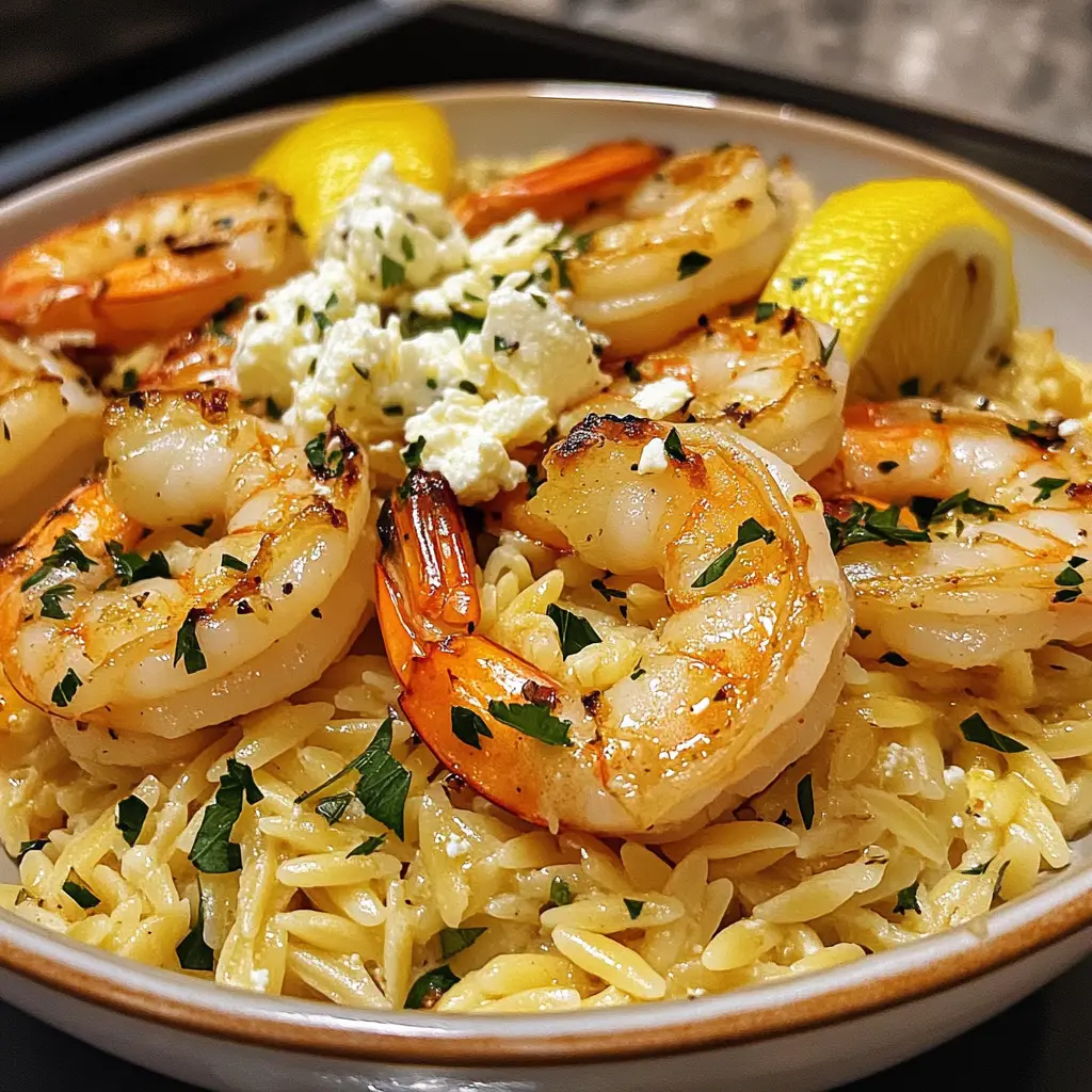 Lemon Feta Orzo Roasted Shrimp