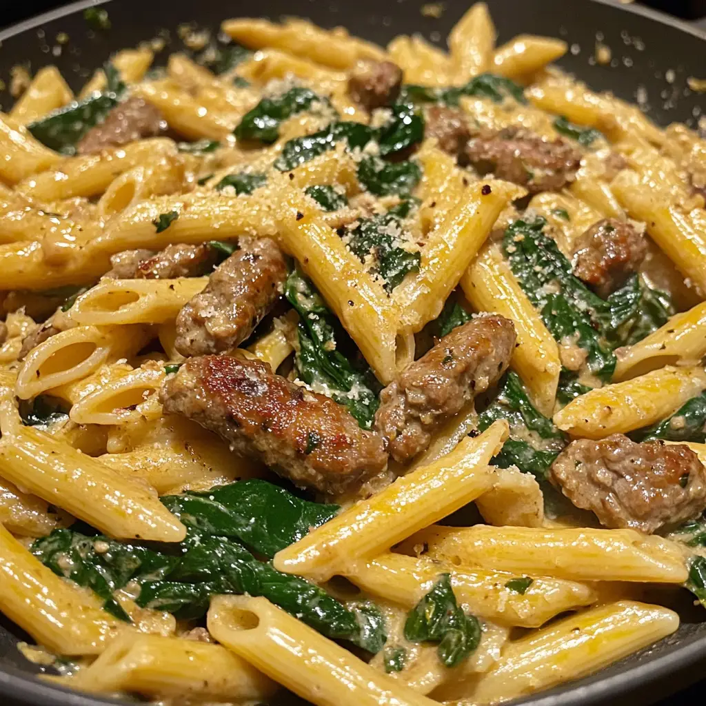 Creamy Garlic Butter Beef Penne with Sausage and Spinach
