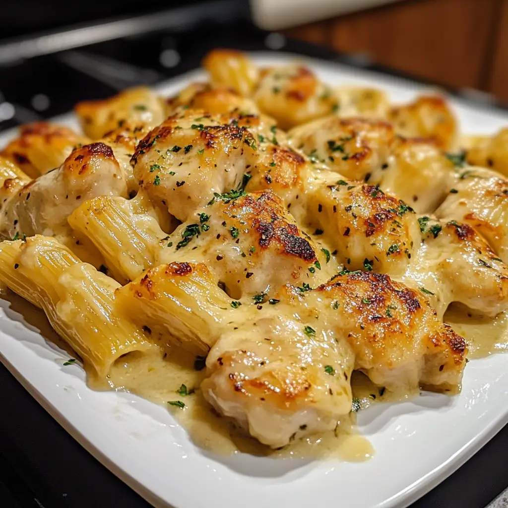 Cheesy Garlic Butter Chicken Bites with Rigatoni in Alfredo Sauce