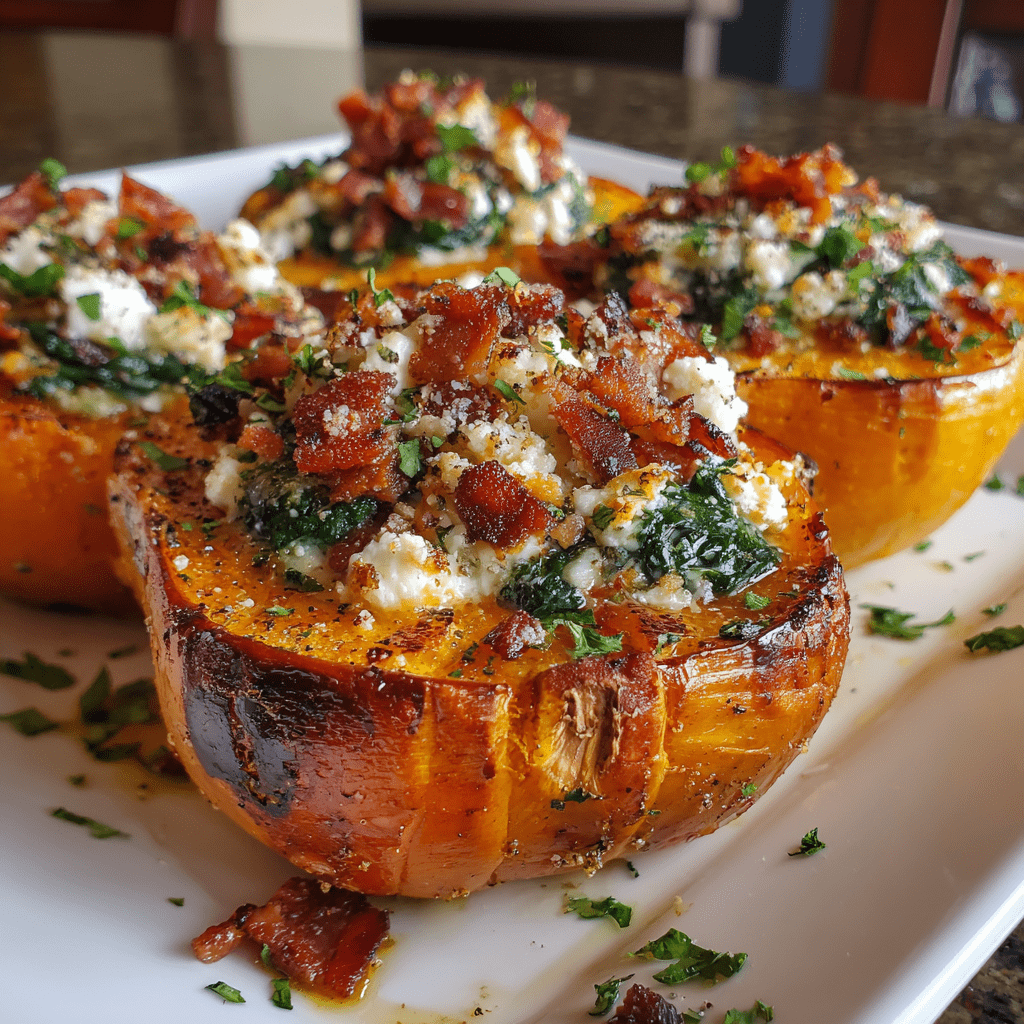 Savory Stuffed Butternut Squash w Feta Spinach Bacon Delight!