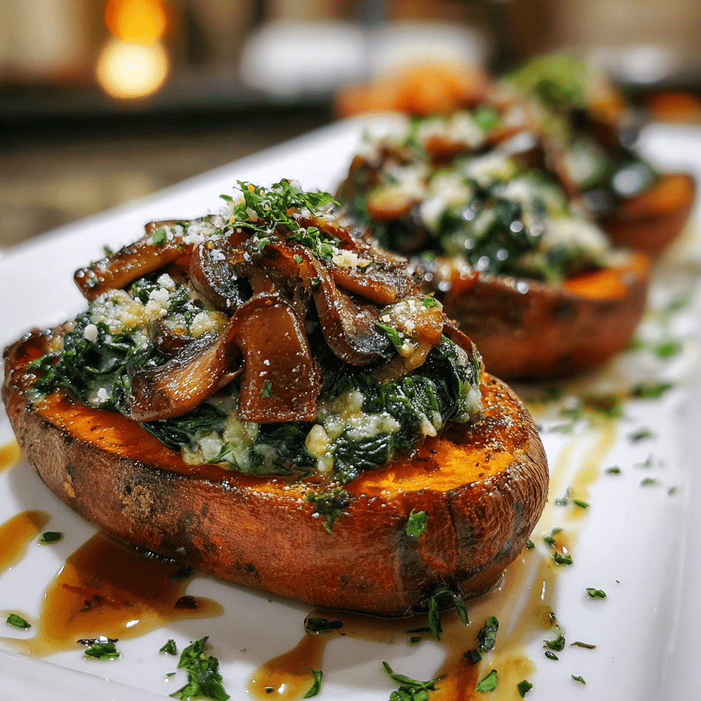 Spinach Mushroom Stuffed Sweet Potatoes Are Irresistible!