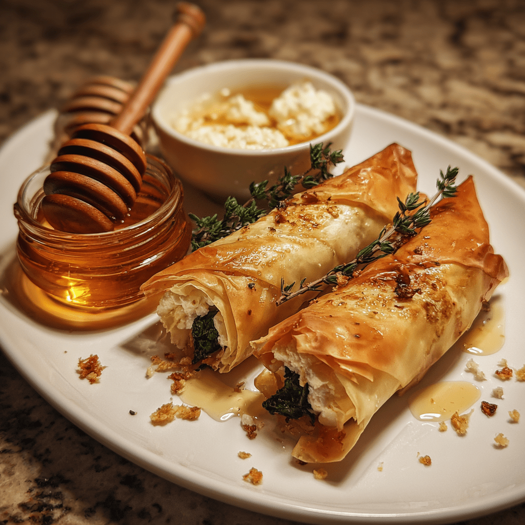 Baked Feta & Spinach Phyllo Cigars with Hot Honey Delight!
