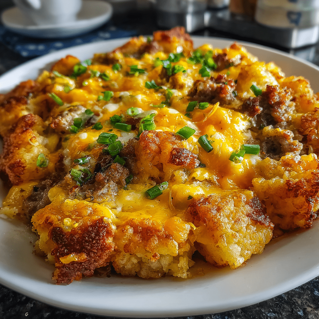 Loaded Tater Tot Breakfast Casserole with Sausage &amp; Eggs transforms your morning!