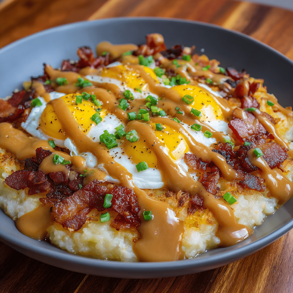 Hash Brown Breakfast Bowl with Bacon, Eggs &amp; Country Gravy Delights!