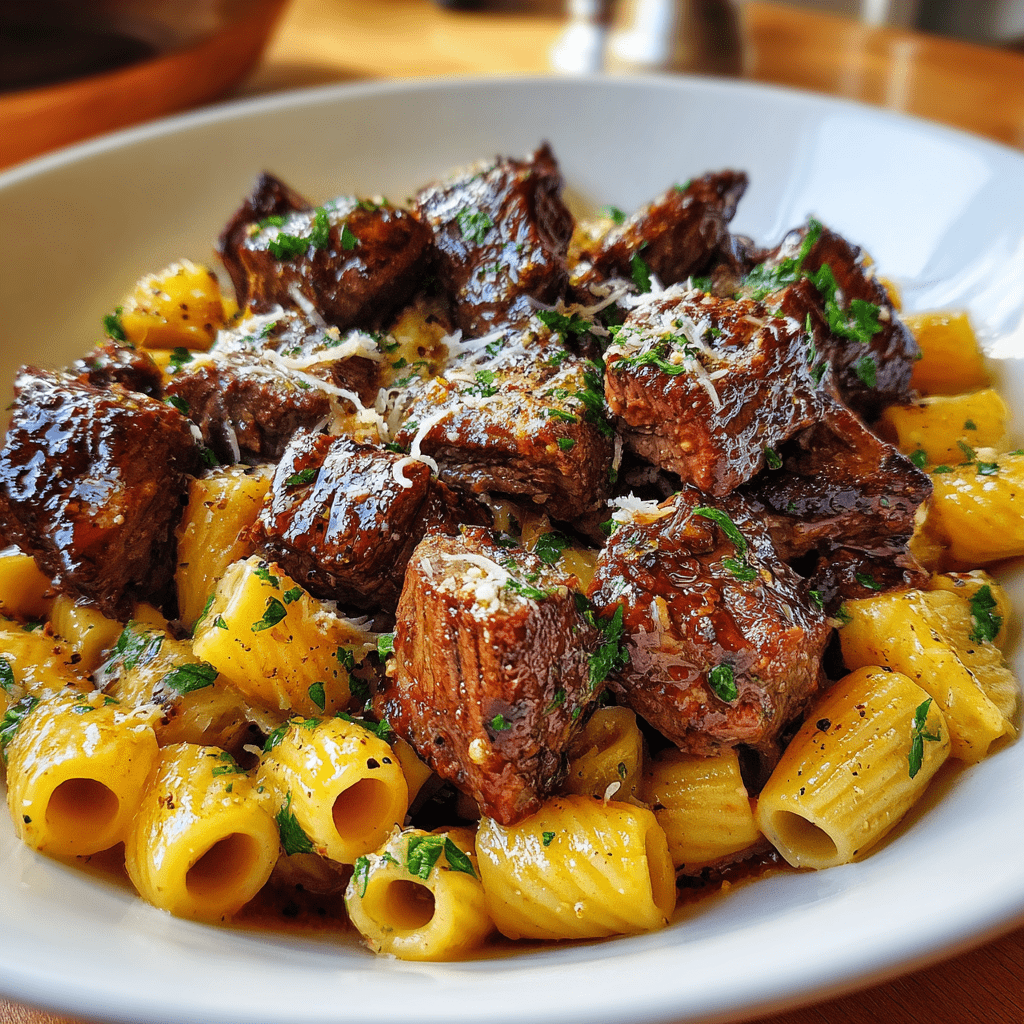 Garlic Butter Steak Tips with Cheesy Rigatoni: A Delicious Delight!