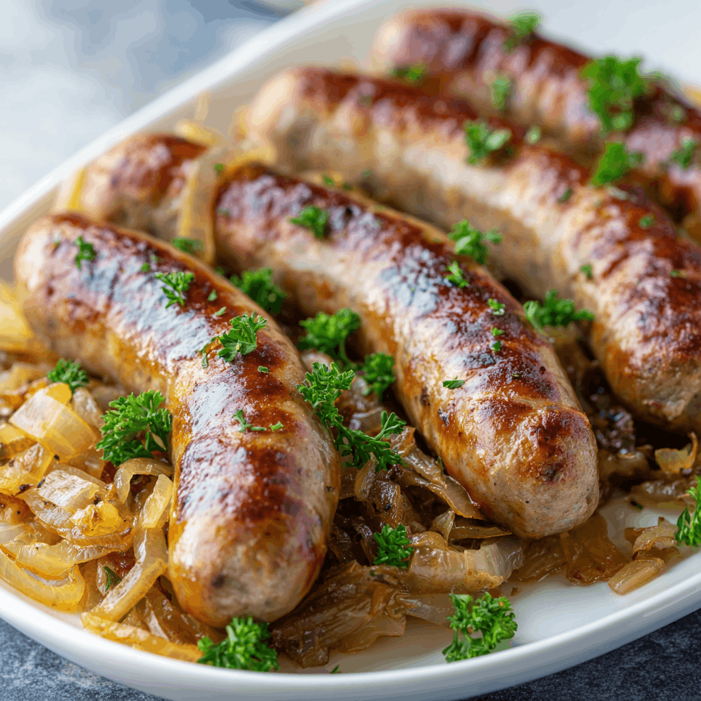 Oven Braised Beer Brats with Caramelized Onions Delight!