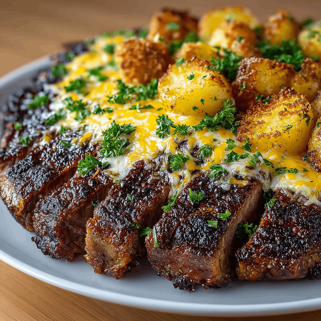 Garlic Butter Steak &amp; Cheddar Potato Bake: A Delicious Delight!