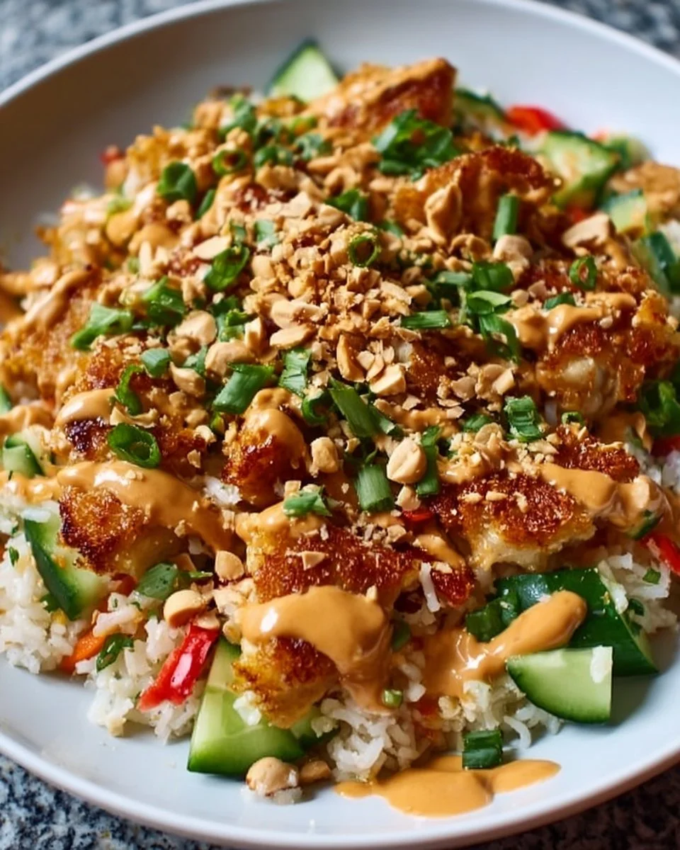 Chicken Crispy Rice Salad with Peanut Dressing