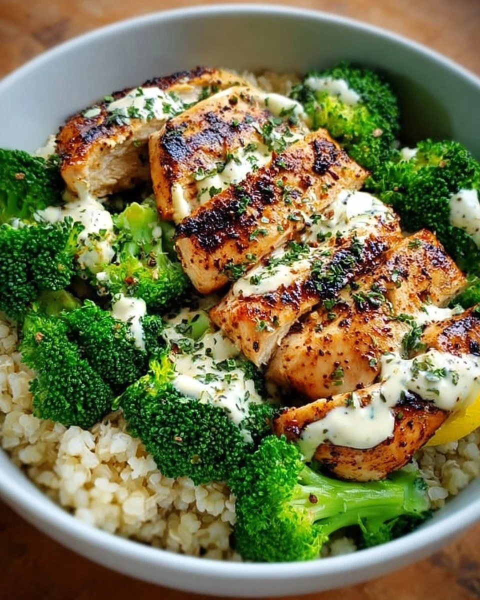 How to Make Grilled Chicken &amp; Broccoli Bowls with Creamy Garlic Sauce