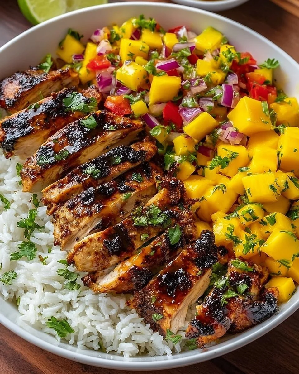 Jerk Chicken Bowls with Mango Salsa and Coconut Rice