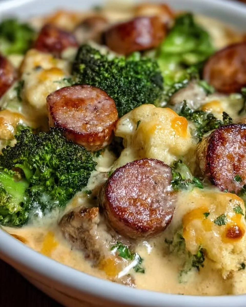 Keto Broccoli and Cauliflower Au Gratin With Sausage Delight