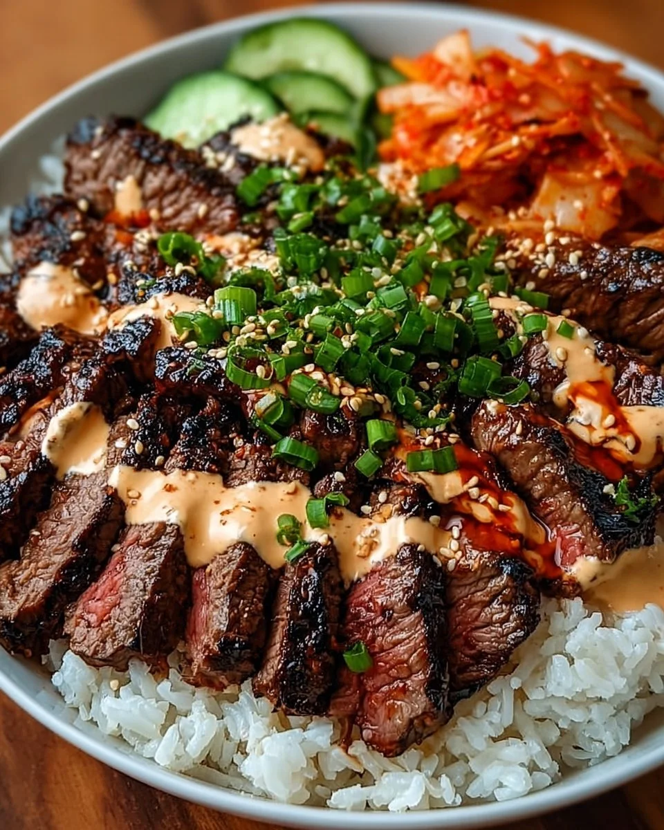 Korean BBQ Steak Rice Bowls with Spicy Cream Sauce