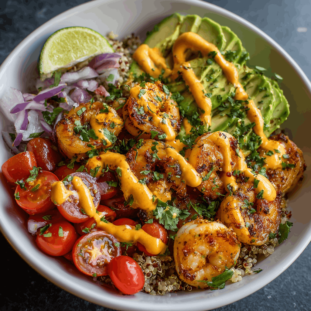 Shrimp Avocado Bowl with Sriracha Mayo