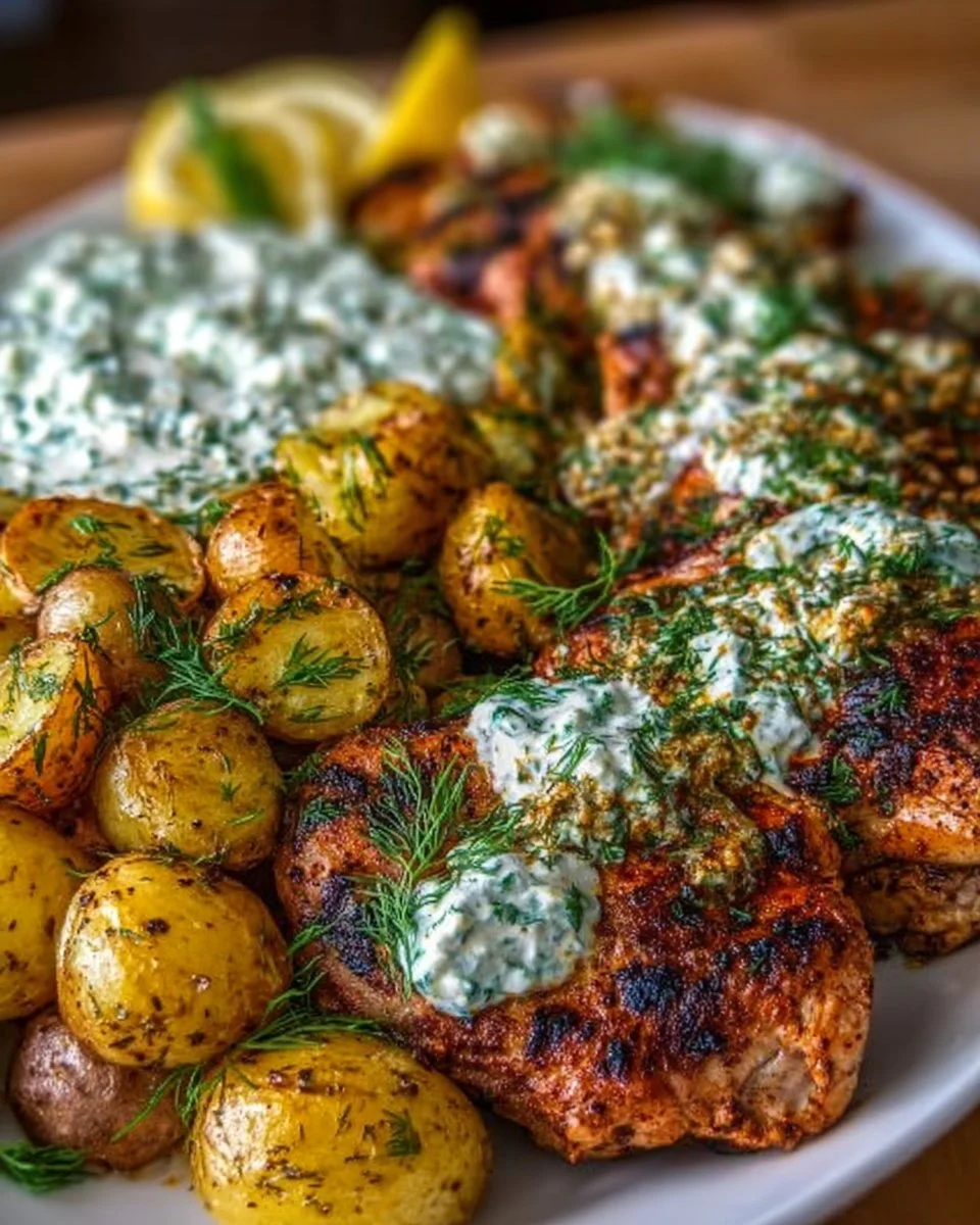 Spicy Yogurt Marinated Chicken with Dill Feta Cream &amp; Crispy Baby Potatoes