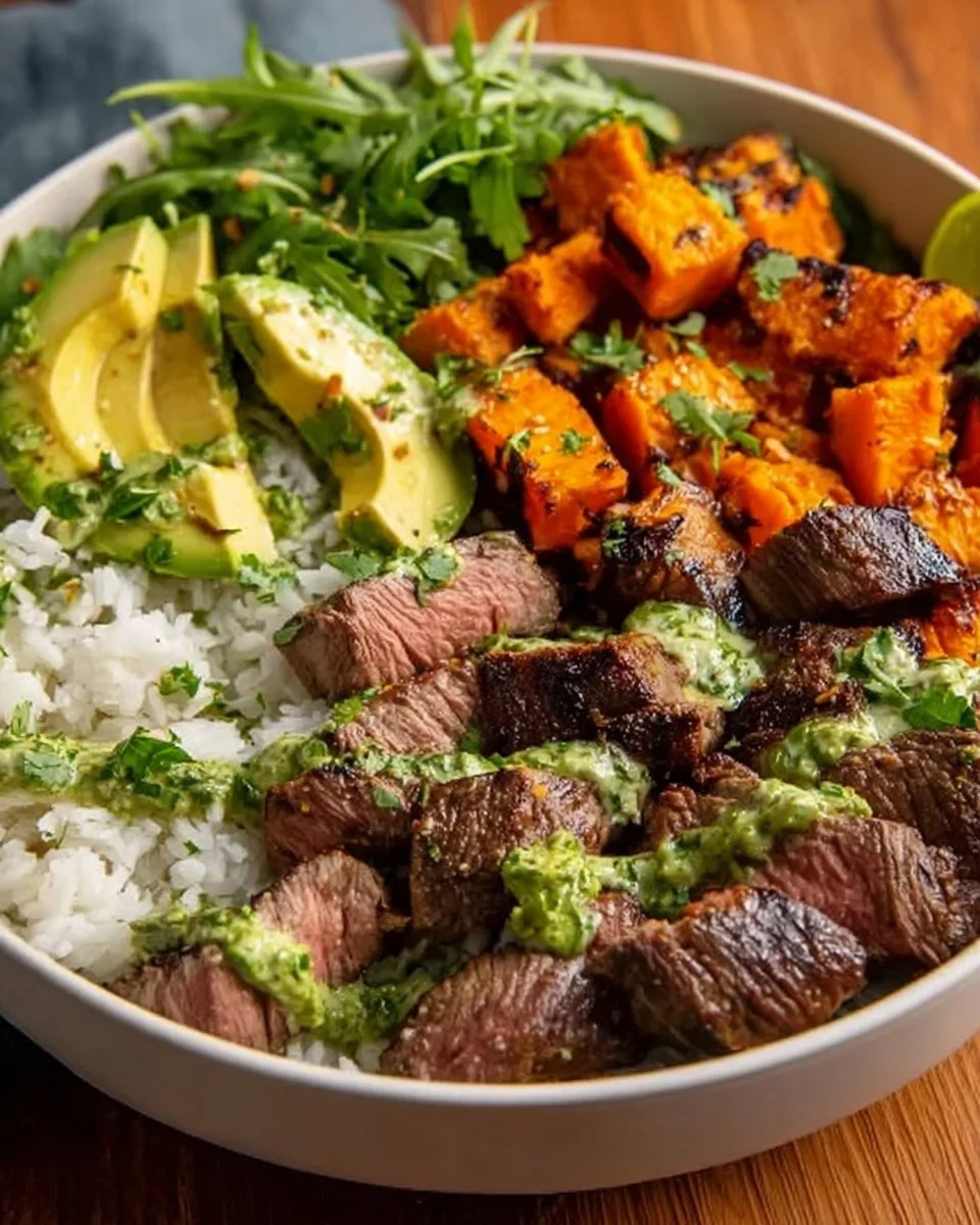 Steak and Sweet Potato Bowls with Avocado-Cilantro Drizzle