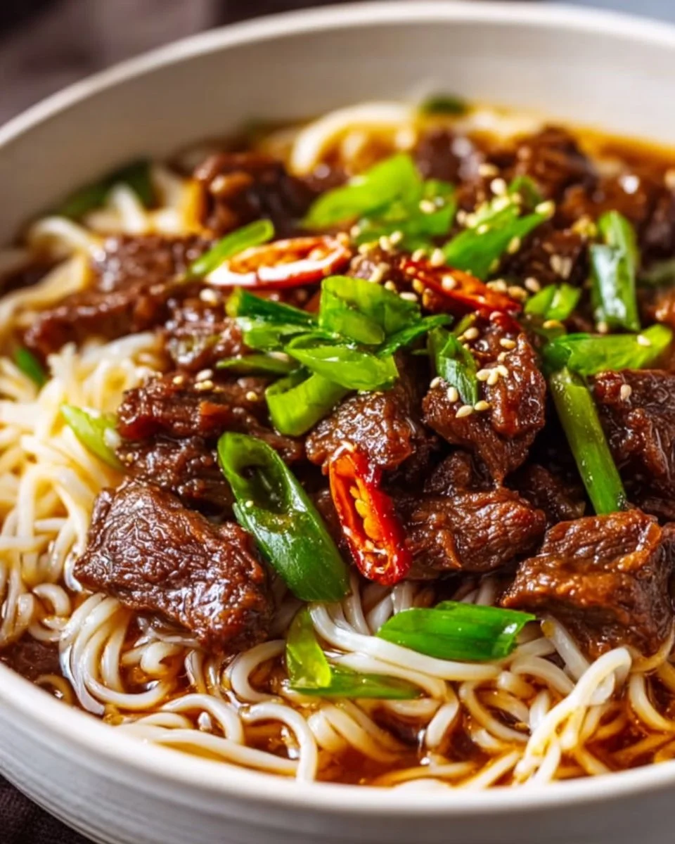 Plate of sticky beef noodles garnished with fresh herbs and spices
