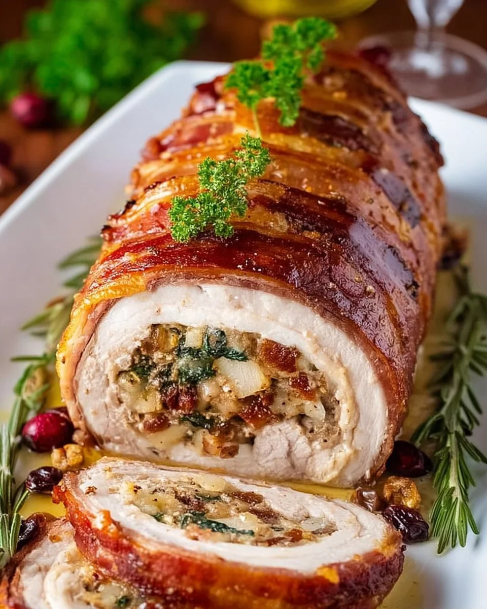 Apple and bacon stuffed pork loin roll ready to be served