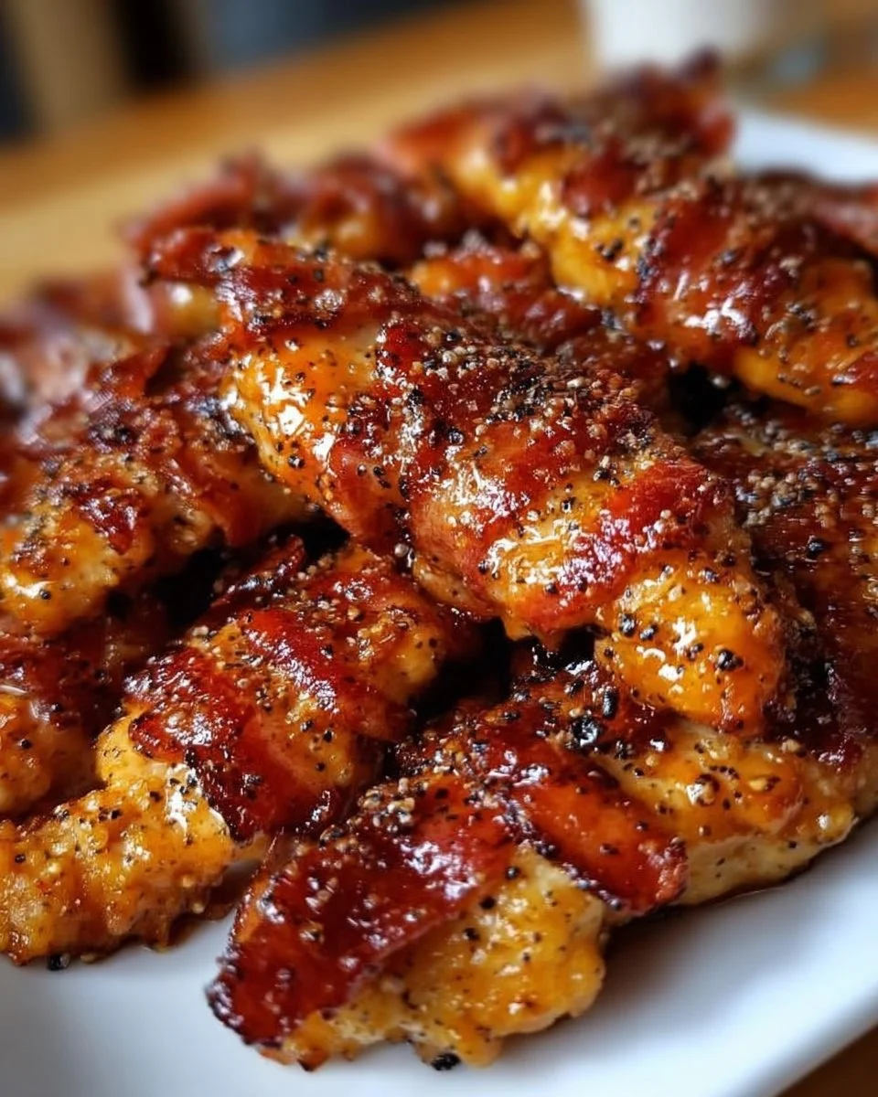 Bacon Brown Sugar Chicken Tenders on a plate with a garnish