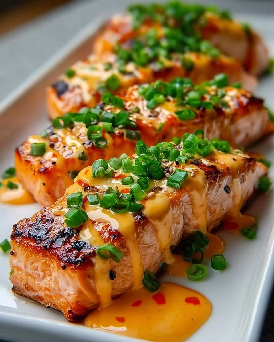 Plate of perfectly cooked Bang Bang Salmon garnished with herbs.