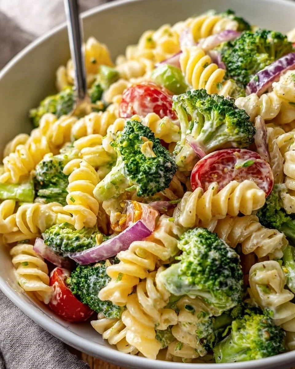 Delicious broccoli pasta salad with colorful veggies and dressing