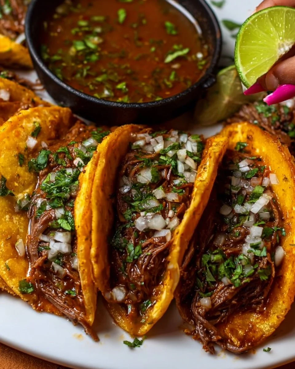 Delicious Birria Tacos served with consomé and fresh toppings