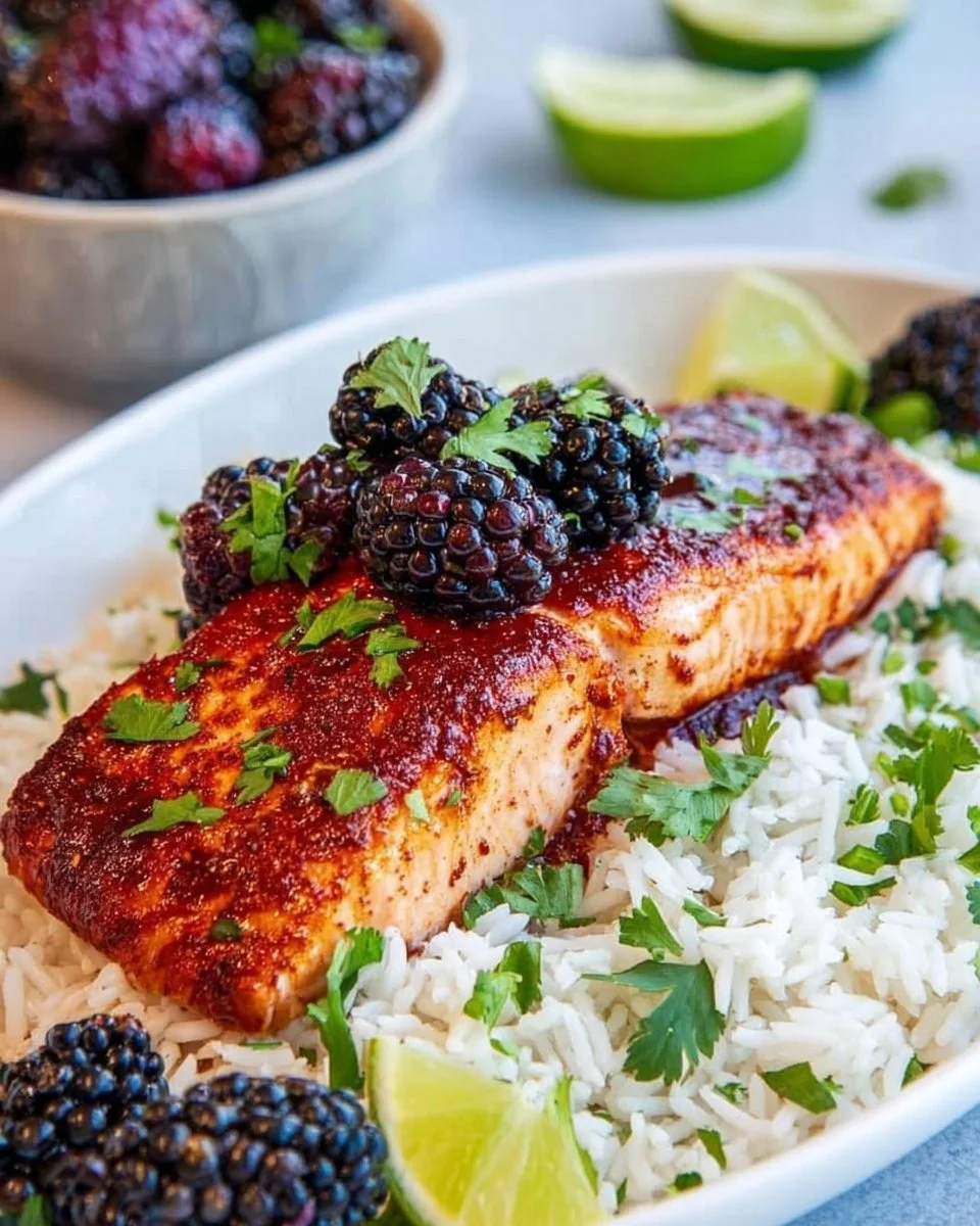 Blackberry Chipotle Salmon with Cilantro Rice