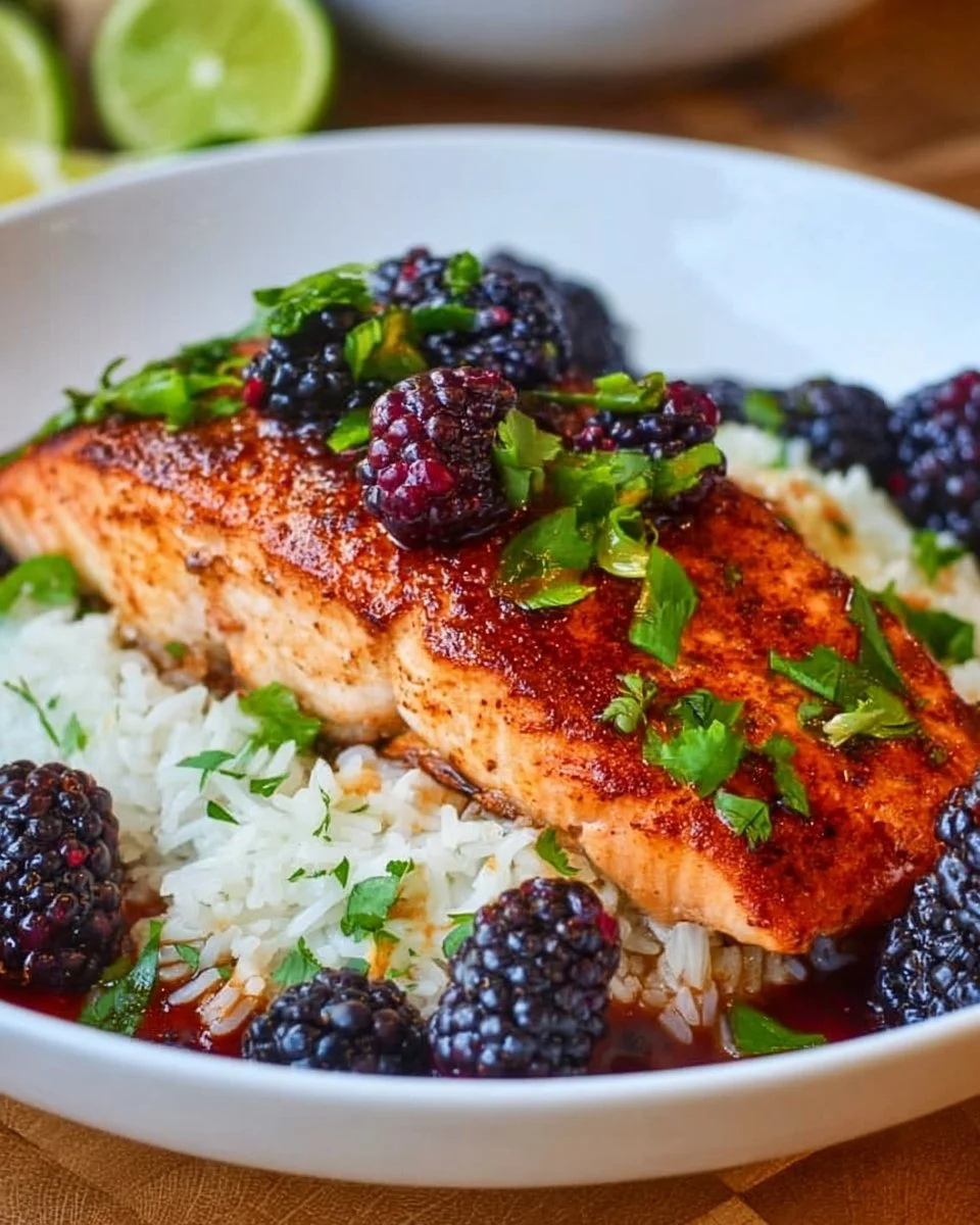 Blackberry Chipotle Salmon with Cilantro Rice