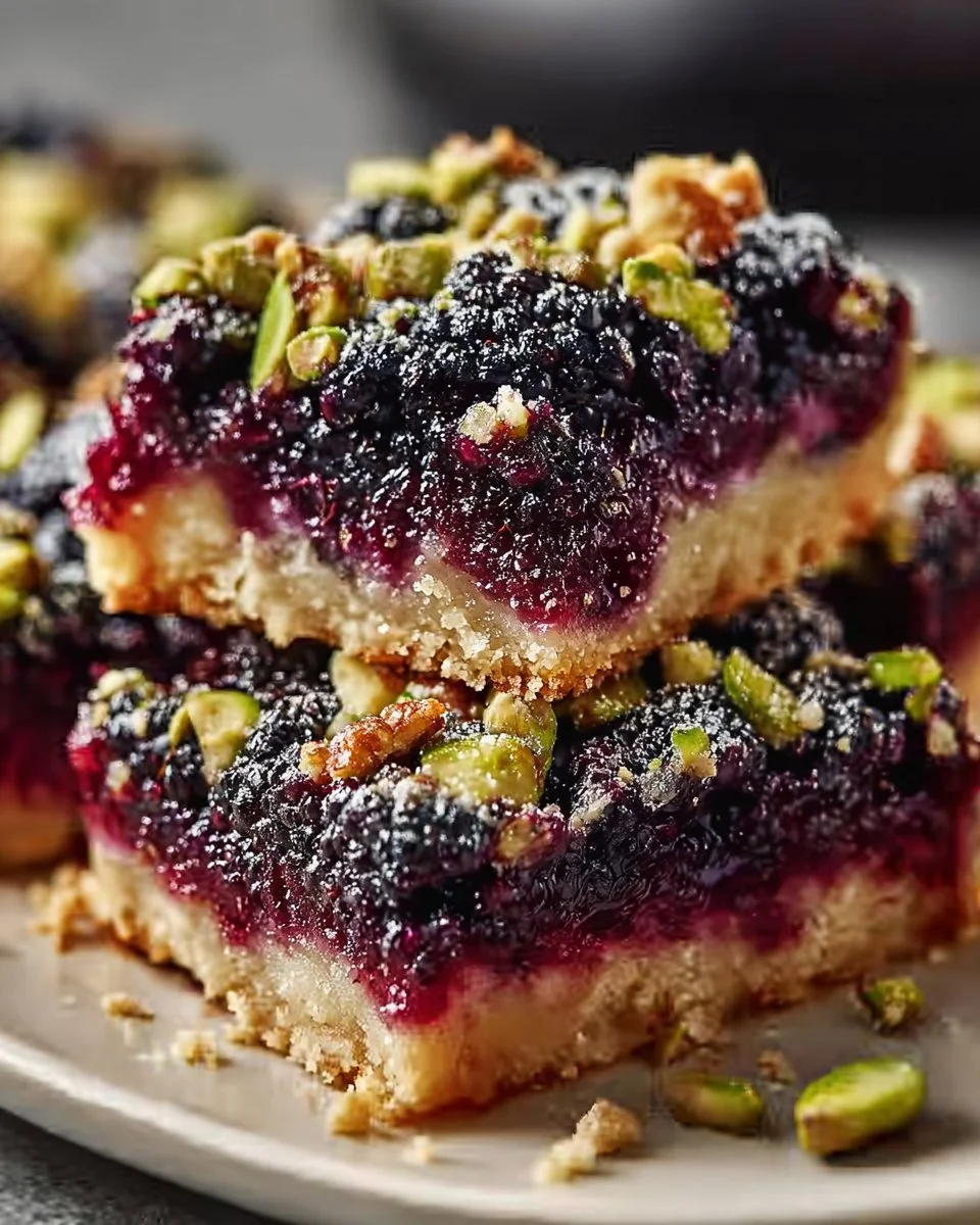 Delicious blackberry pistachio dream bars dessert on a stylish plate