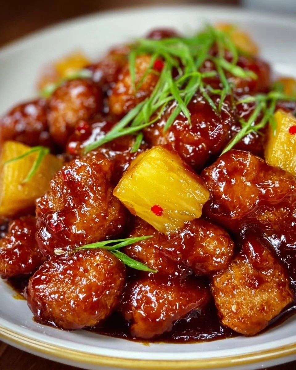 Delicious Brown Sugar Pineapple Chicken served with vibrant pineapple slices