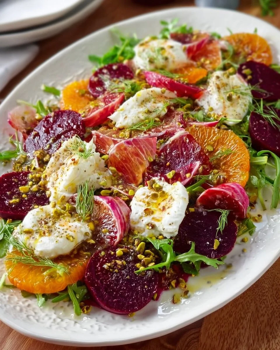 Burrata cheese salad with beets and citrus on a plate