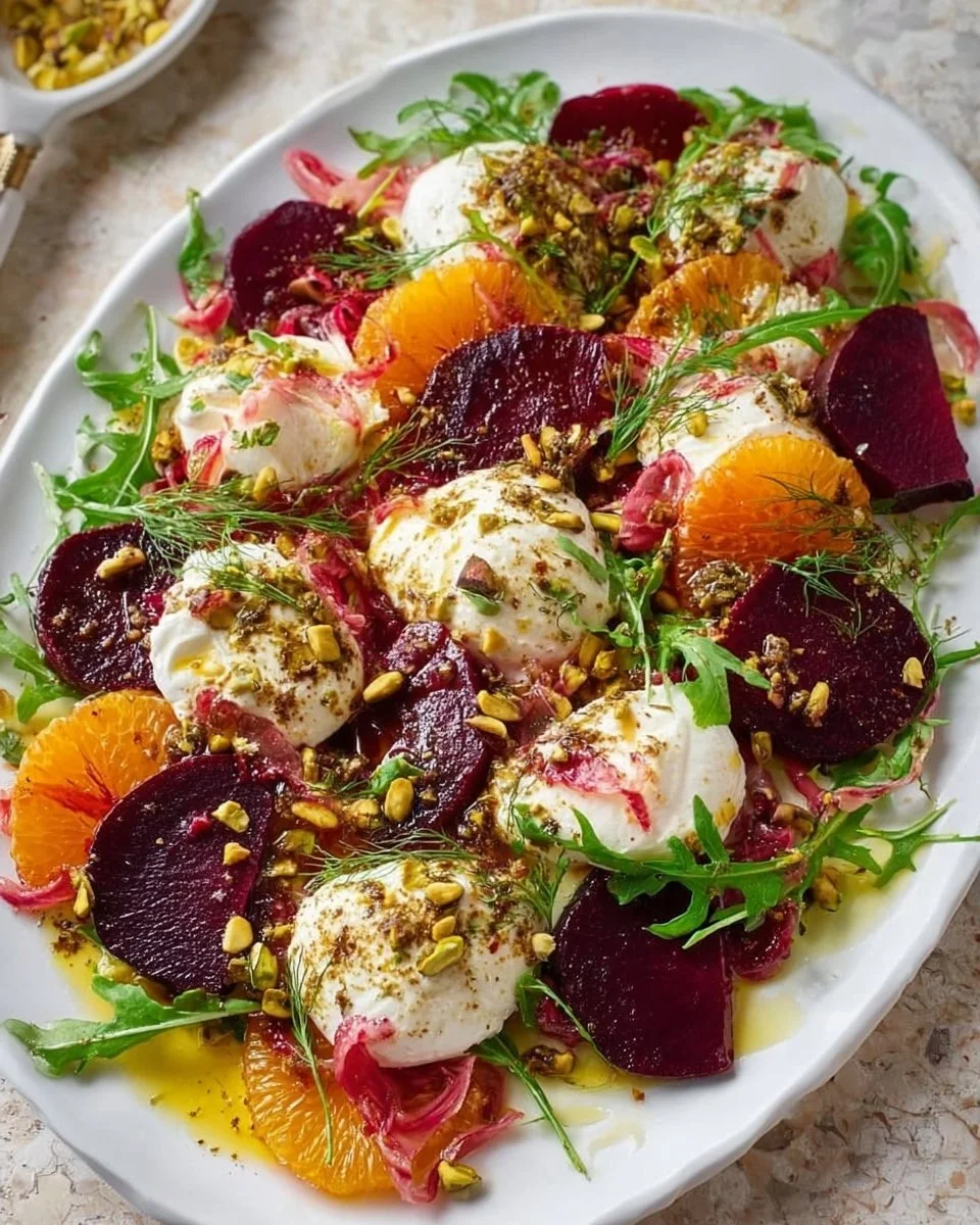 Burrata cheese and beet salad with citrus dressing in a vibrant dish