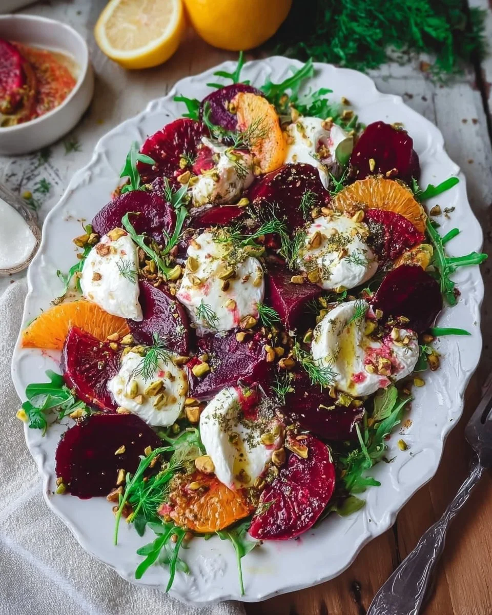 Delicious Burrata Cheese and Beet Salad with Citrus served in a bowl.