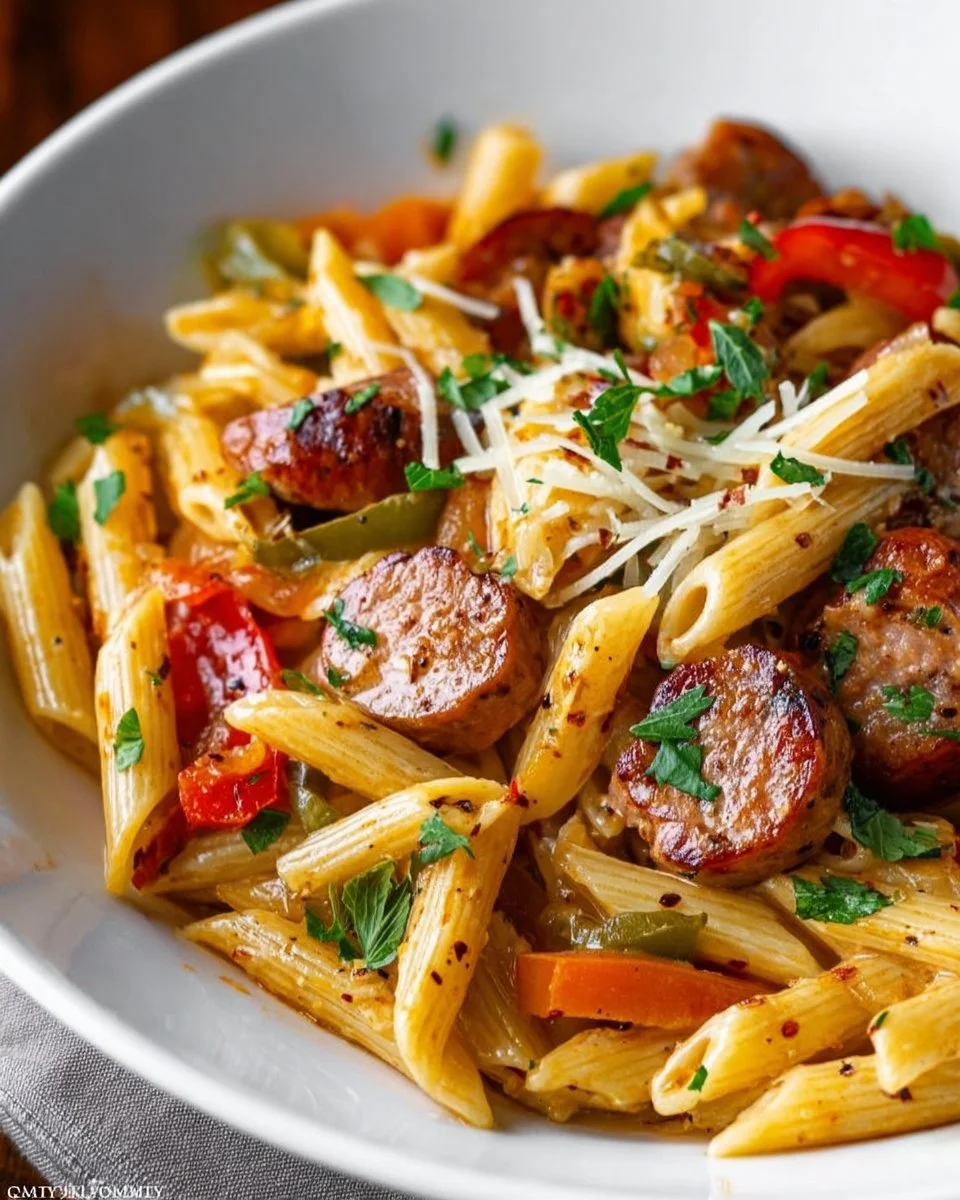 A delicious plate of Cajun sausage pasta topped with green onions and spices
