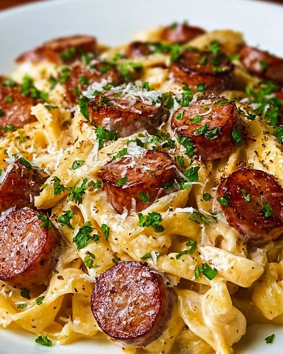 Cajun Smoked Sausage Alfredo Pasta served in a bowl with fresh herbs