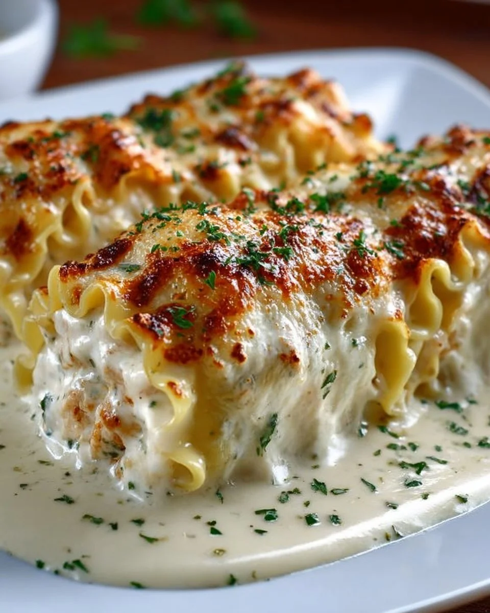 Cheesy Chicken Alfredo Lasagna Rolls plated and ready to serve