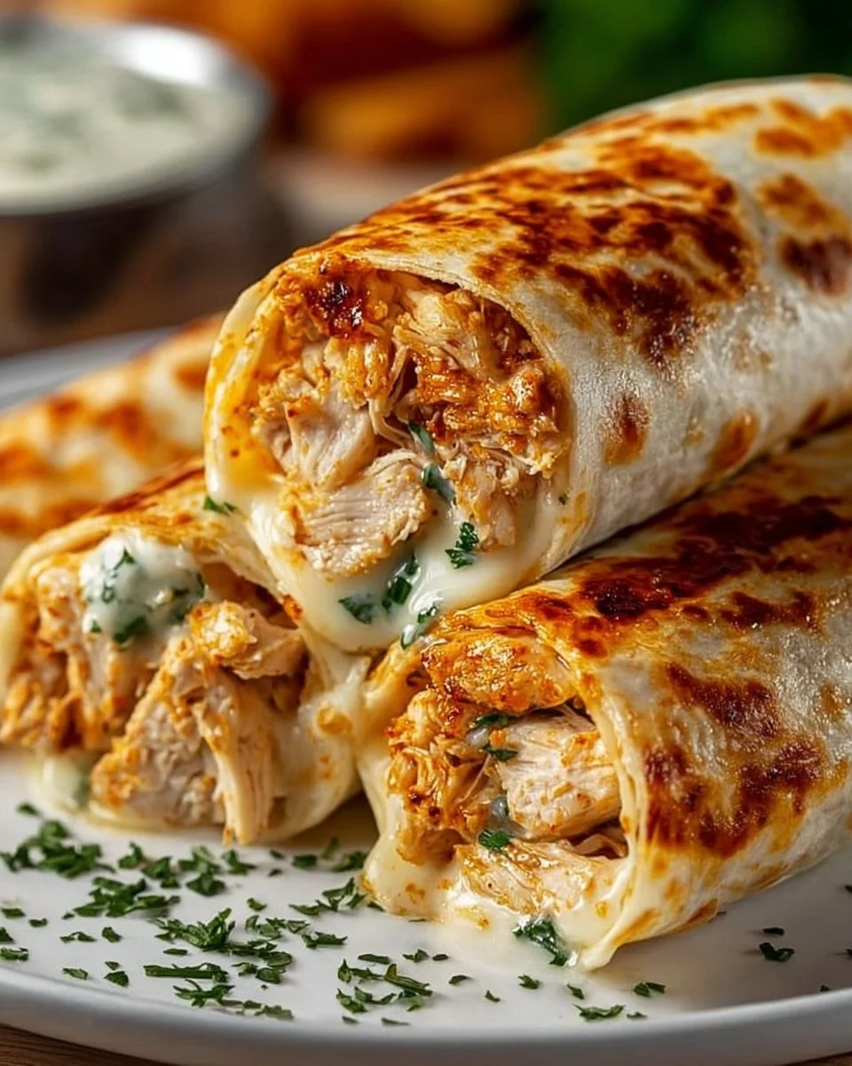 Delicious cheesy garlic chicken wraps served on a plate
