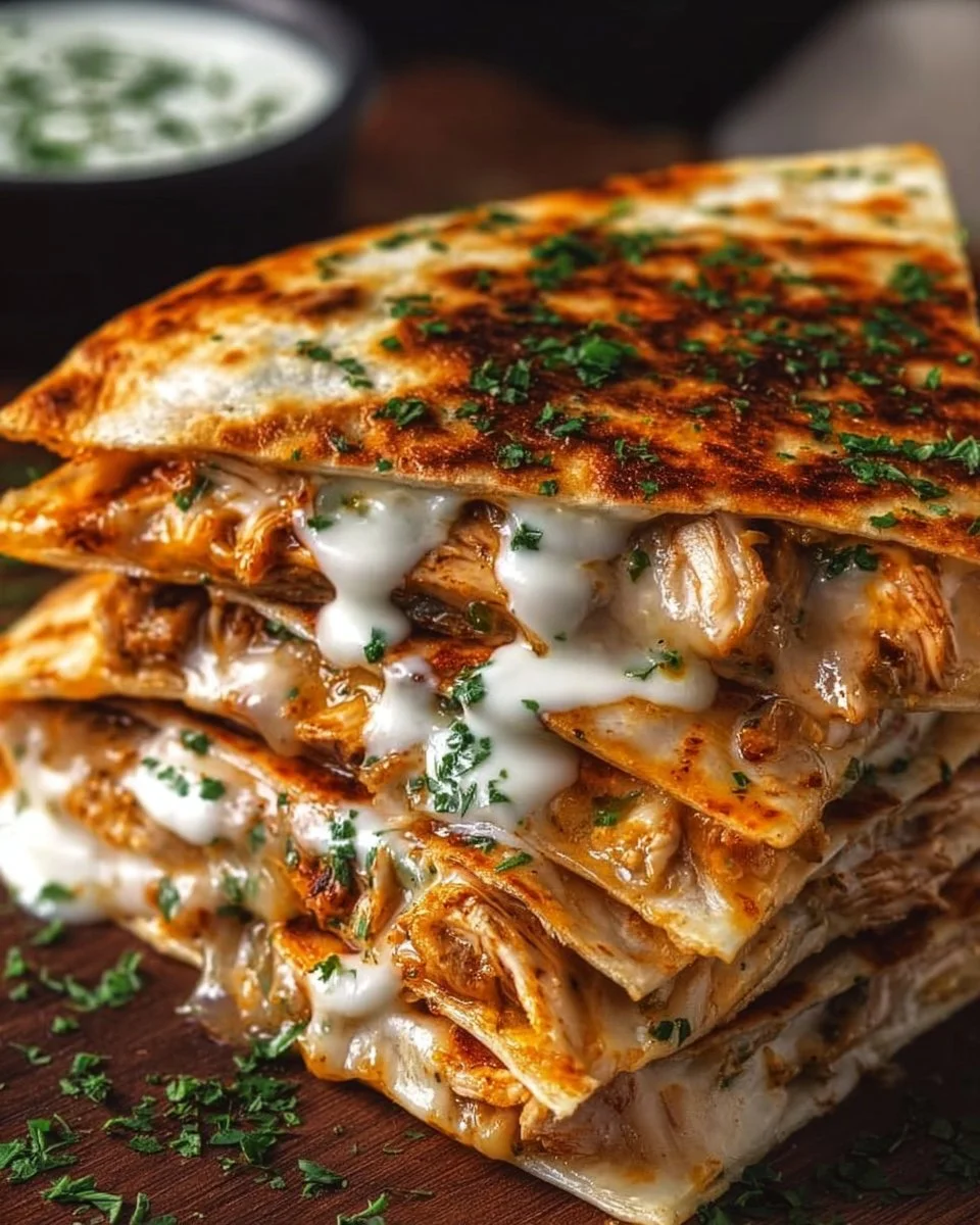 Cheesy hot honey chicken quesadillas with spicy jalapeño cream sauce on a plate