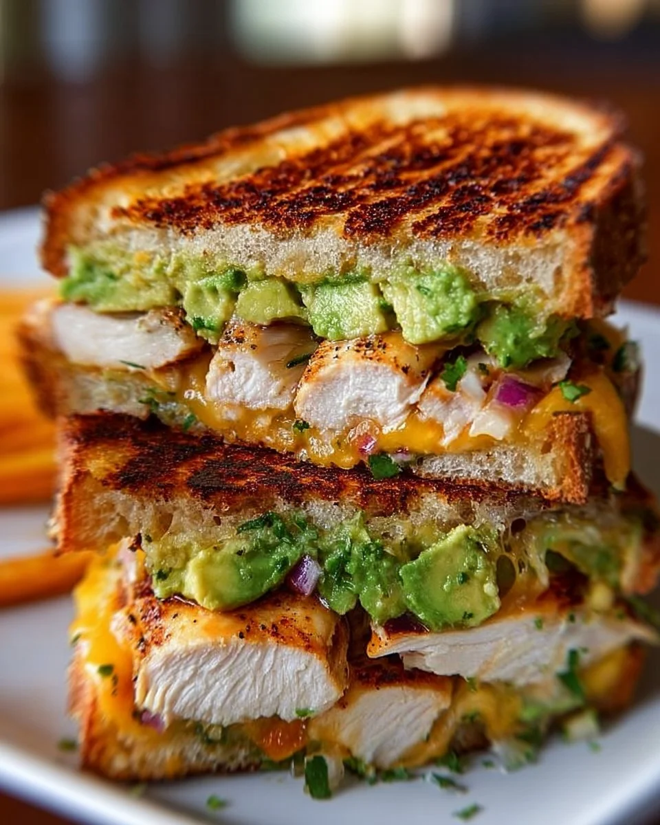 Delicious Chicken Avocado Melt Sandwich with chicken, avocado, and melted cheese