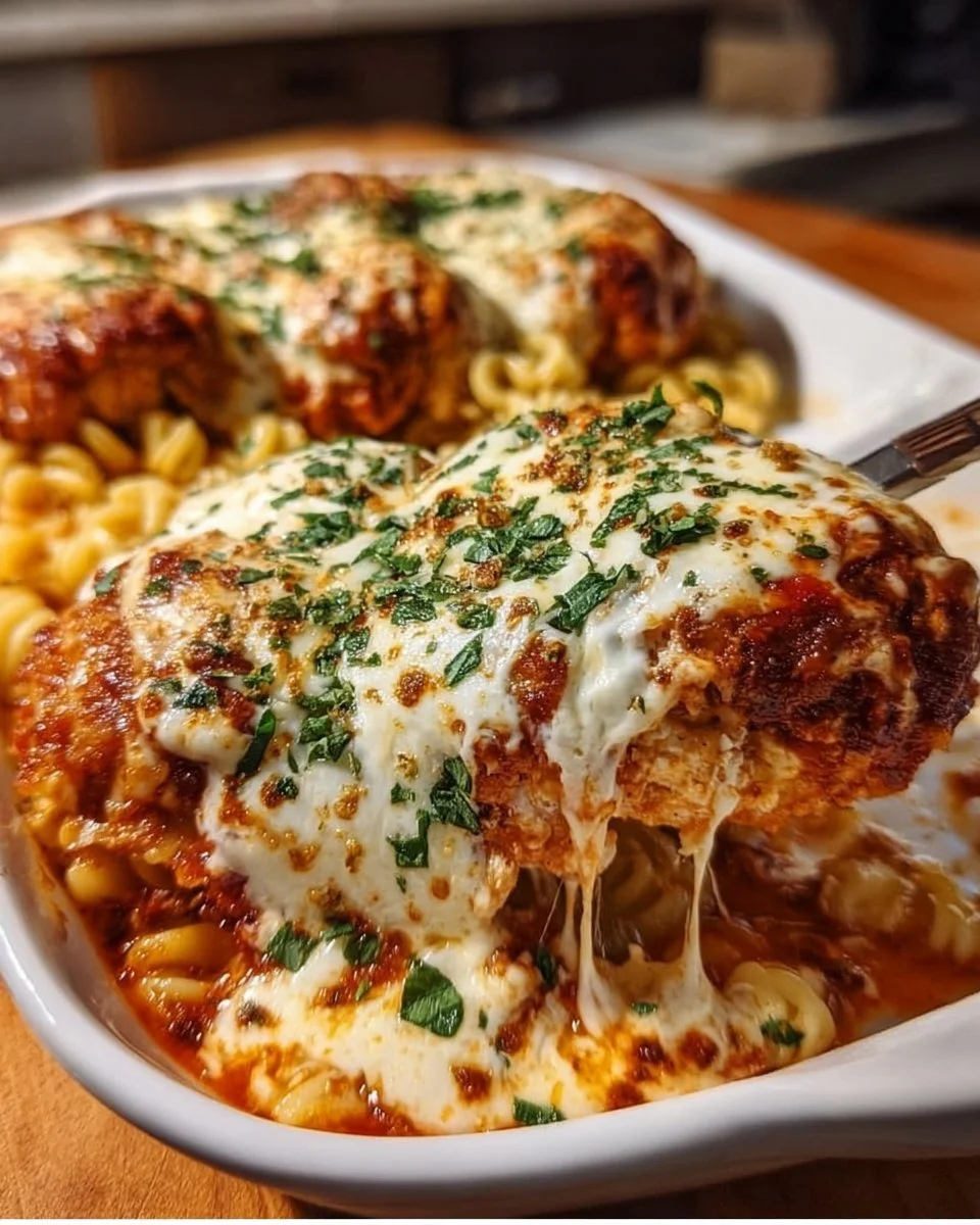 Delicious Chicken Parmesan casserole with cheese and pasta in a baking dish.
