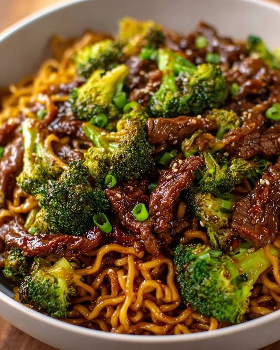 Chinese crispy beef served with broccoli noodles