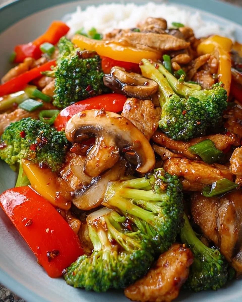 Plate of spicy and delicious Chop Suey with colorful vegetables and meat