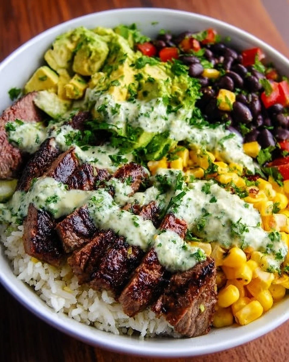 A vibrant bowl of cilantro lime steak with fresh vegetables and rice.