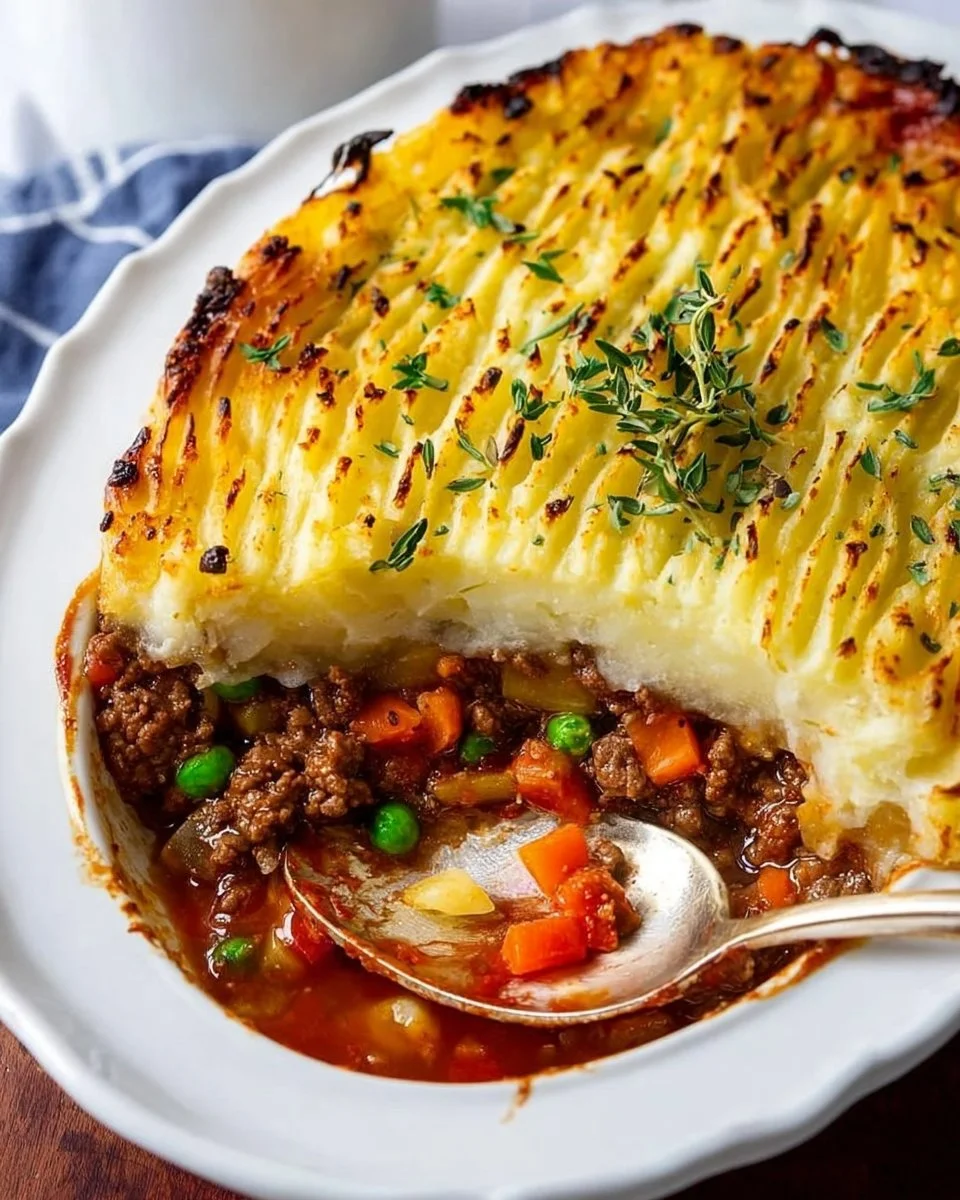 Delicious Classic Shepherd's Pie topped with creamy Parmesan potatoes