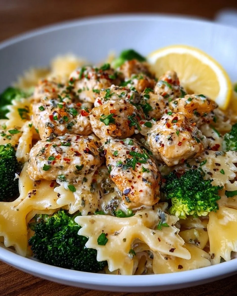 Delicious cowboy butter lemon bowtie chicken with broccoli on a plate
