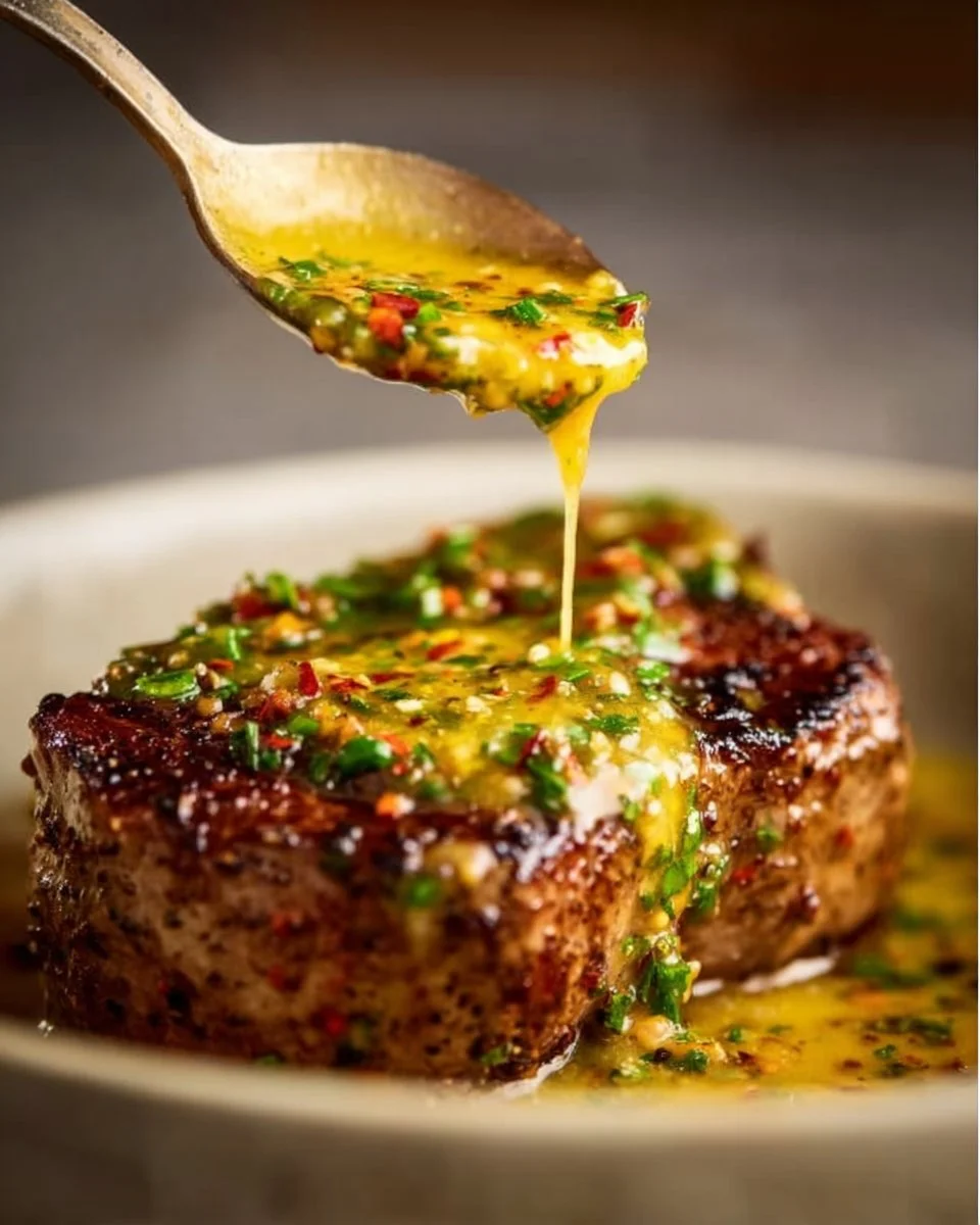 Cowboy Butter sauce served with grilled steak and vegetables