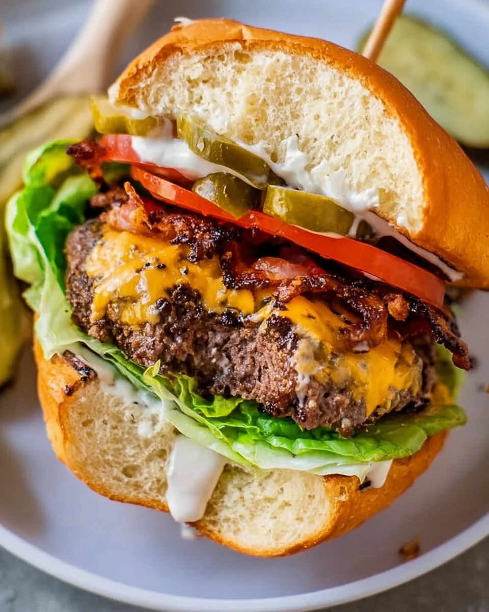 Delicious Crack Burger with juicy patty, toppings, and sesame seed bun