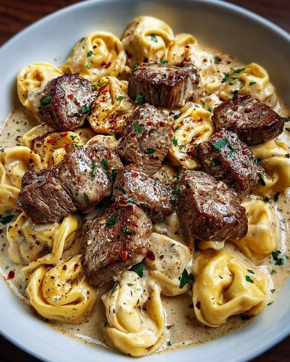 Cracked Garlic Steak Tortellini in creamy sauce served on a plate.
