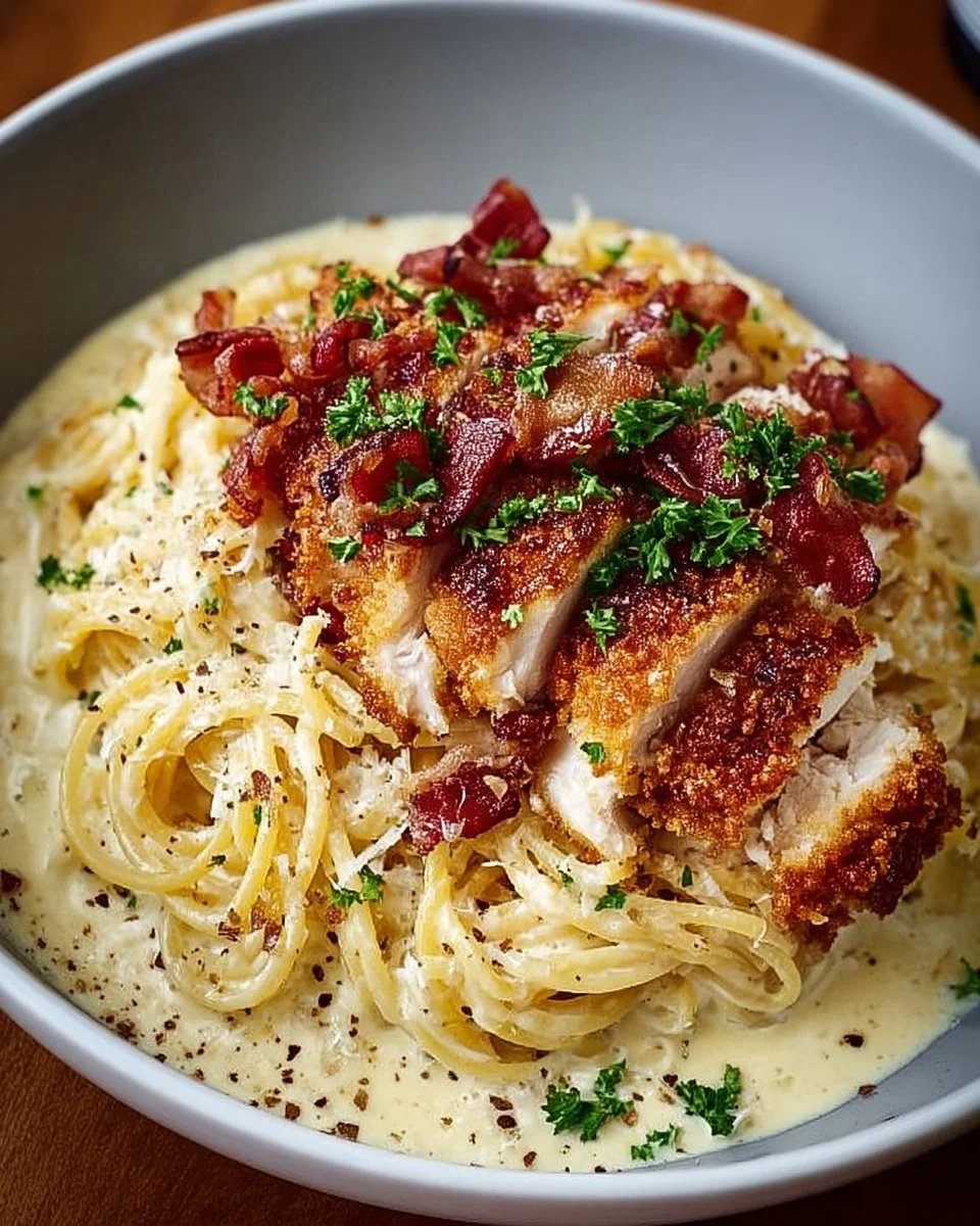 Bowl of creamy carbonara topped with crispy chicken and bacon garnished with parsley.