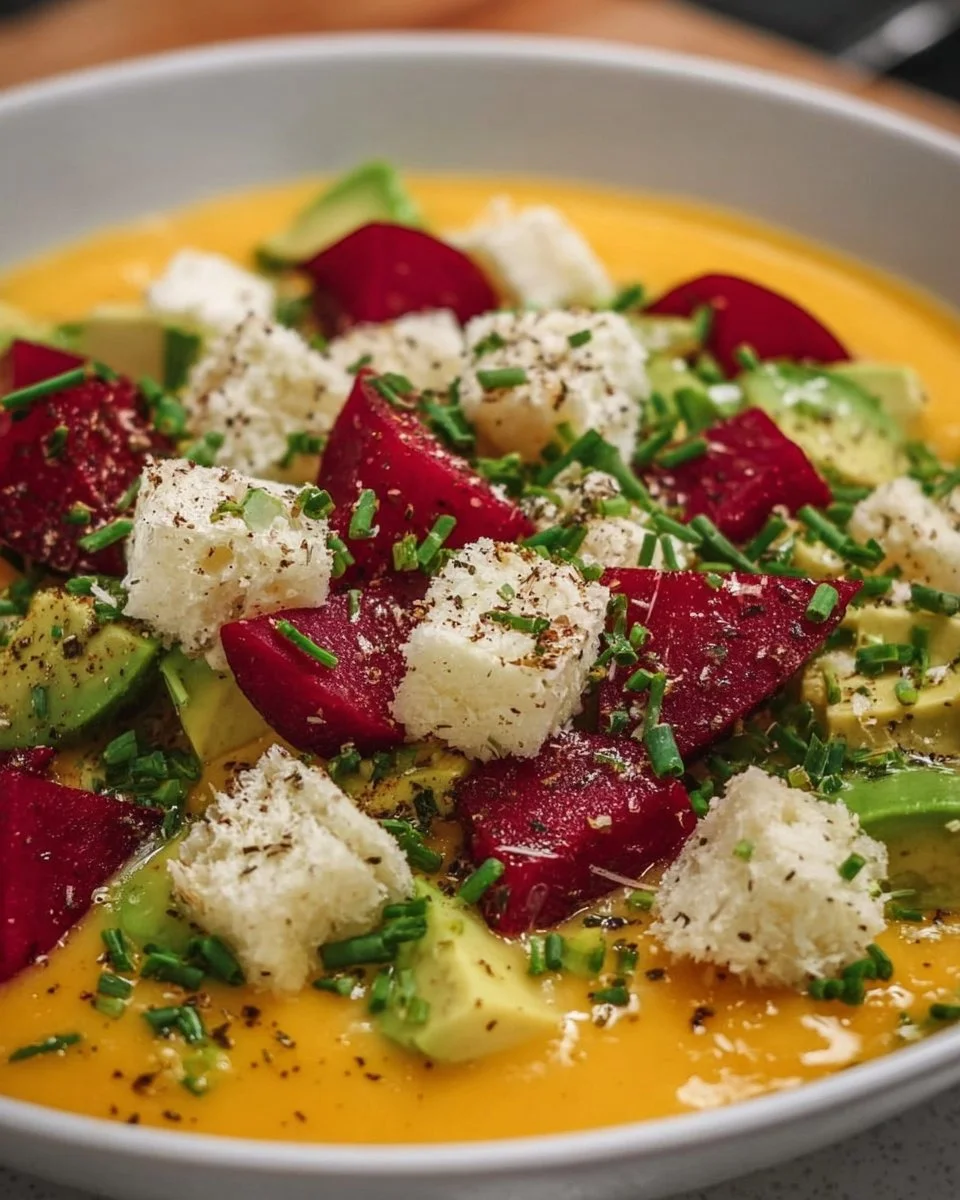 Bowl of creamy cheddar cheese soup garnished with herbs and crackers